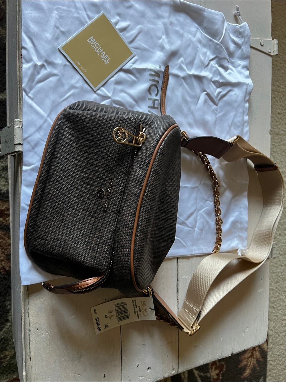 Michael Kors Brown/Acorn MD Sling Pack Crossbody/Messenger with Cream Strap